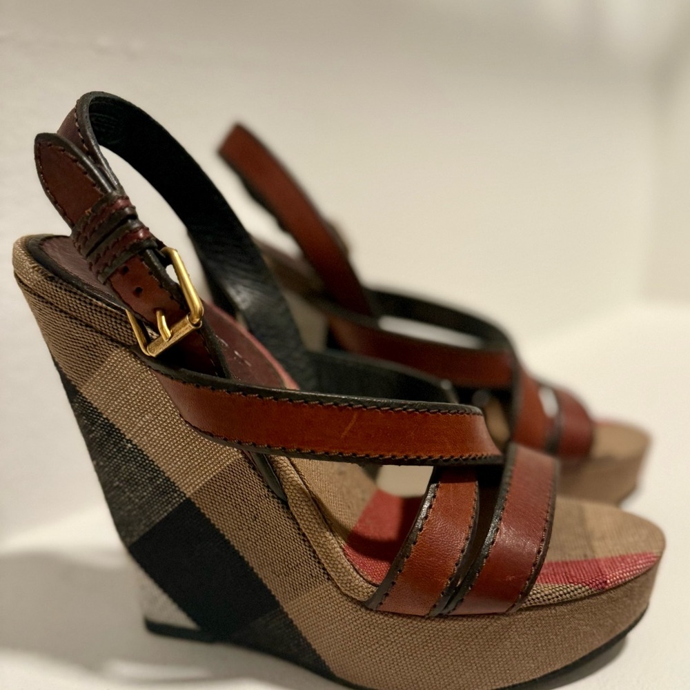 Burberry Tan and Black Plaid Wedge Sandals